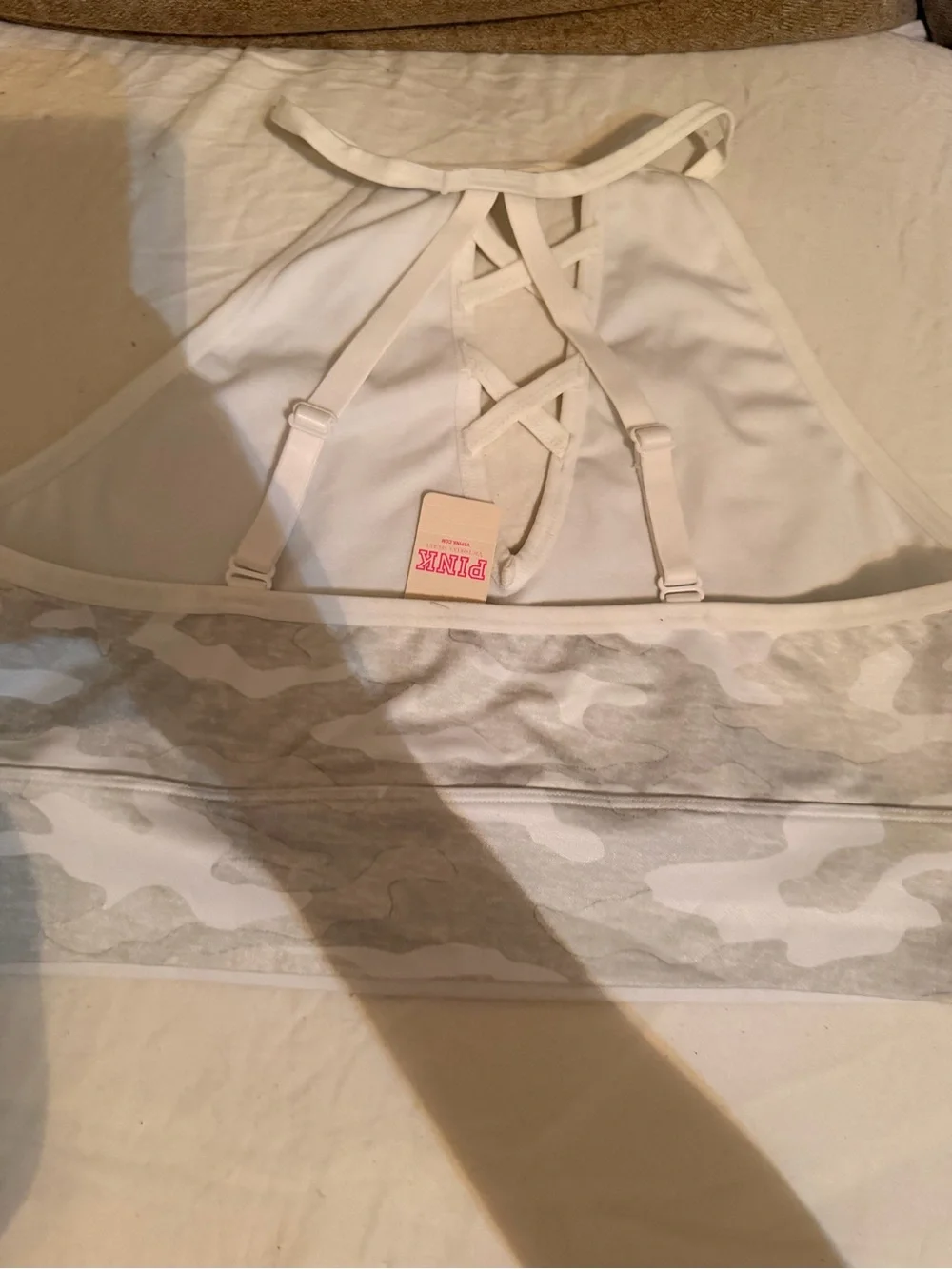 PINK VICTORIAS SECRET High Neck Camo Bralette - Light Gray & White LARGE